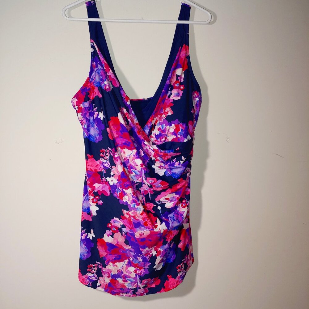 Plus Size Mazu Swim Floral Drape Front One-Piece Swimdress 22W Navy Blue